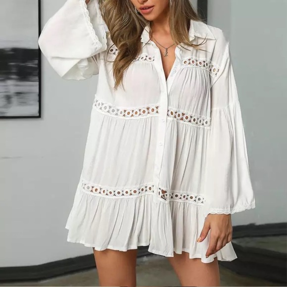 New Bohemian Button Up Tunic Top Dress Beach Dress - Picture 6 of 12